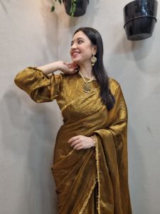 Women’s Golden Pre Pleated Satin Silk Saree with Border