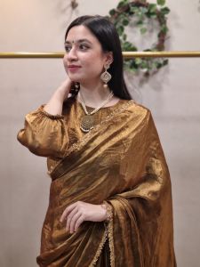 Women’s Golden Pre Pleated Satin Silk Saree with Border