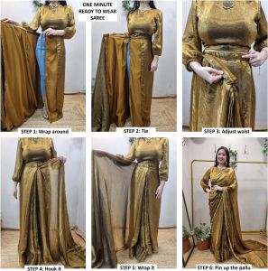 Women’s Golden Pre Pleated Satin Silk Saree with Border
