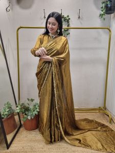 Women’s Golden Pre Pleated Satin Silk Saree with Border