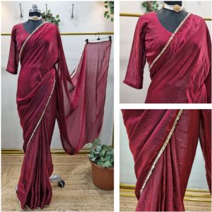 Women’s Maroon Pre Pleated Satin Silk Saree