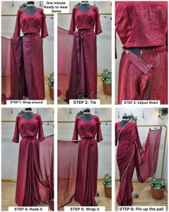 Women’s Maroon Pre Pleated Satin Silk Saree