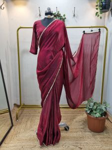 Women’s Maroon Pre Pleated Satin Silk Saree