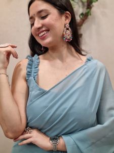 Women’s Pastel Blue Pre Draped Star Shimmer Georgette Saree