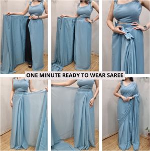 Women’s Pastel Blue Pre Draped Star Shimmer Georgette Saree