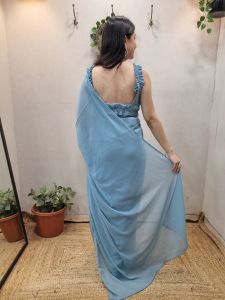 Women’s Pastel Blue Pre Draped Star Shimmer Georgette Saree