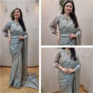 Women’s Silver Ready to Wear Saree Satin Silk Saree