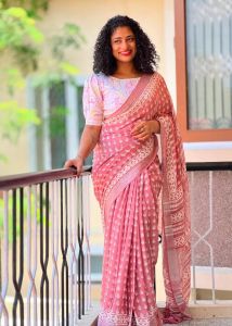 Ladies Cotton Salub Hand Block Discharge Print Design Saree
