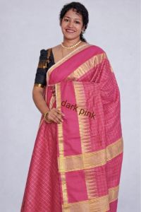 Ladies Dark Pink Traditional Checked Zari Border Silk Saree