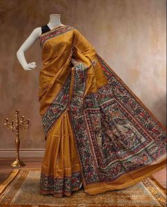 Ladies Pure Tussar Ghicha Silk Madhubani Hand Paint Saree