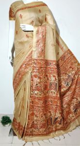 Ladies Semi Tussar Silk Madhubani Print Saree