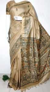 Ladies Semi Tussar Silk Madhubani Print Saree