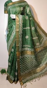 Ladies Semi Tussar Silk Mangalagiri Block Print Saree