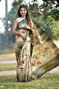 Ladies Tussar Ghicha Silk Digital Print Designer Saree