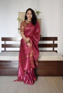 Ladies Tussar Ghicha Silk Golden Zari Border Saree