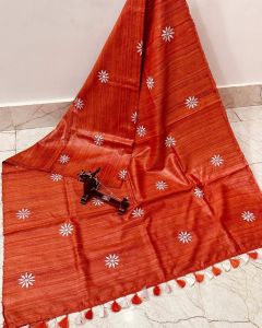 Ladies Tussar Ghicha Silk Hand Embroidered Buta Saree