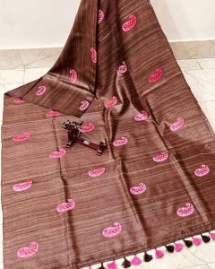 Ladies Tussar Ghicha Silk Hand Embroidered Buta Saree