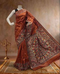 Ladies Tussar Ghicha Silk Hand Painted Madhubani Saree