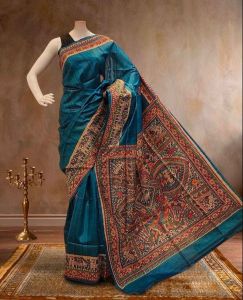 Ladies Tussar Ghicha Silk Hand Painted Madhubani Saree