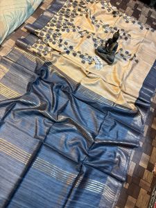 Ladies Tussar Ghicha Silk Madhubani Print Designer Saree