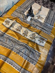 Ladies Tussar Ghicha Silk Madhubani Print Designer Saree