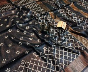 Ladies Tussar Ghicha Silk Madhubani Print Designer Saree