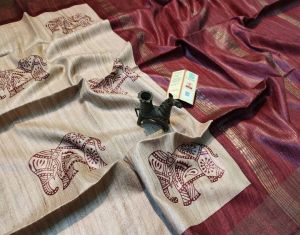 Ladies Tussar Ghicha Silk Madhubani Print Designer Saree