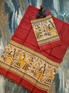 Ladies Tussar Ghicha Silk Madhubani Suit Set
