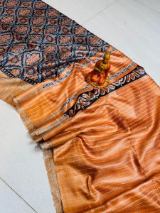 Ladies Tussar Ghicha Silk Printed Masraiz Border Saree