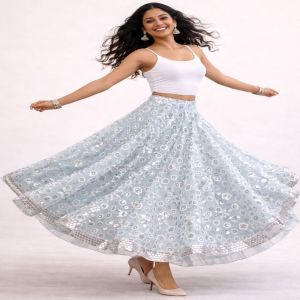 Icy Blue Floral Sequin Lehenga Skirt