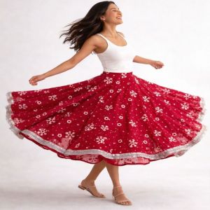 Ruby Red Floral Embroidered Flare Skirt