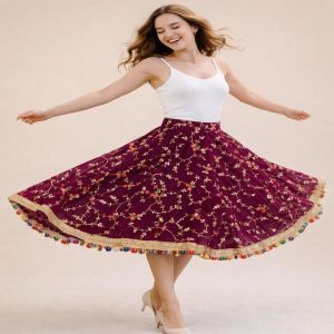 Wine Berry Floral Embroidered Midi Skirt