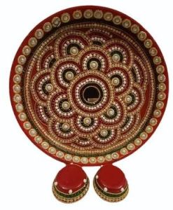Multicolor Stainless Steel Puja Thali with Handcrafted Design
