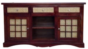 Brown Acacia Wood Cane Sideboard Cabinet