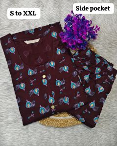 Comfortable Brown Rayon Printed Kurti and Pant Set