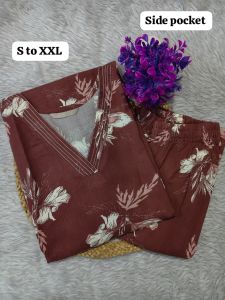 Comfortable Brown Rayon Printed Kurti and Pant Set