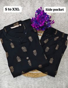 Trendy Black Rayon Kurti Pant Set with Attractive Prints