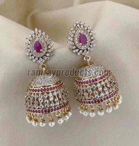 Golden and Pink Stone Designer Jhumka Earrings