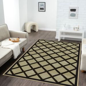 Beige and Black Woolen Lattice Diamond Design Rug