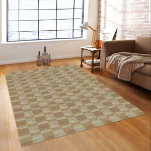 Beige Brown Checkered Handloom Carpet