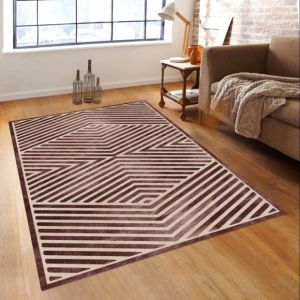 Beige Maroon Geometric Linear Woolen Rug