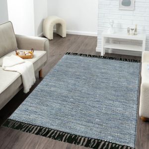 Blue Woven Textured Rug with Tassels
