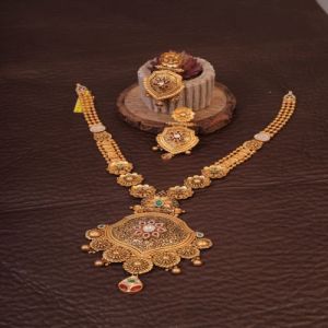 Antique Temple Style Gold Polish Silver Necklace Set