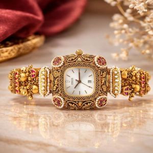 Designer Antique Kundan Pearl Golden Watch