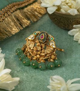 Green Beaded Kundan Antique Floral Ring