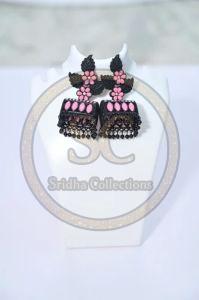 Black and Pink American Diamond Jhumka Earrings