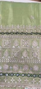 Ladies Green Tissue Silk Daman Work Fabric