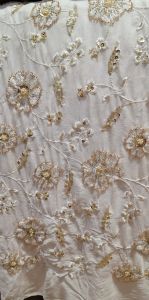 Ladies White Georgette Gold Floral Embroidery Fabric