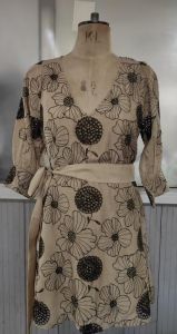 Ladies Black and Beige Cotton Printed V Neck Midi Dress