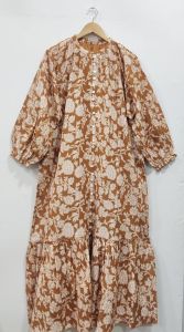 Ladies Brown Printed Cotton Midi Dress